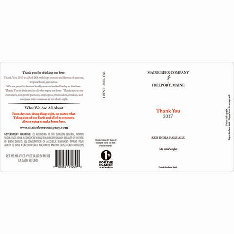 Maine Thank You 2017 Red IPA by Maine Beer Co, beer label
