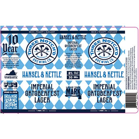 Three Notch'd Hansel & Kettle Lager by Three Notch'd Brewing Company, beer label