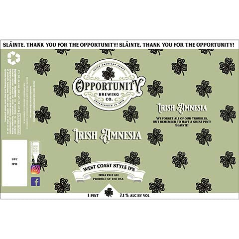 Opportunity Irish Amnesia West Coast IPA by Opportunity Brewing Co., beer label