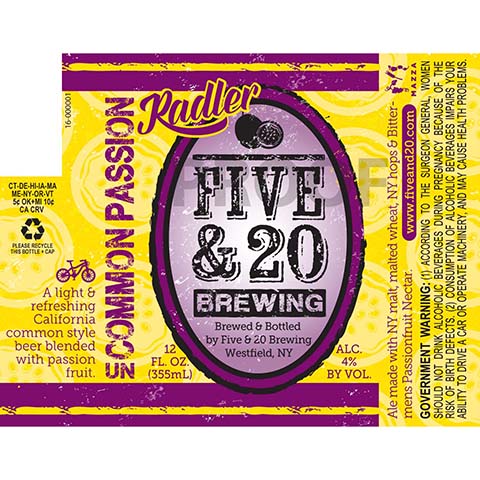 Five & 20 Uncommon Passion Radler Ale by Five & 20 Brewing, beer label