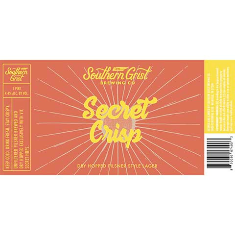 Southern Grist Secret Crisp Lager by Southern Grist Brewing Company, beer label