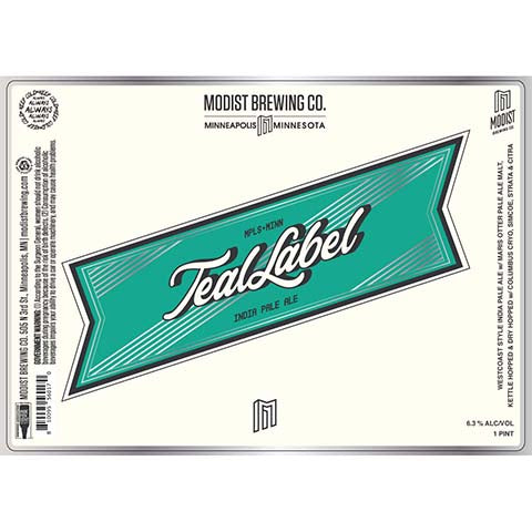 Modist Brewing Teal Label IPA by Modist Brewing Company, beer label