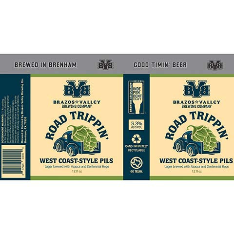 Brazos Valley Road Trippin' West Coast-Style Pils Lager by Brazos Valley Brewing Company, beer label