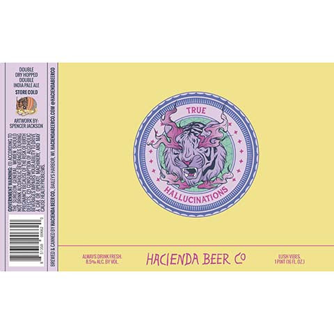 Hacienda True Hallucinations DDH DIPA by Hacienda Beer Co., beer label