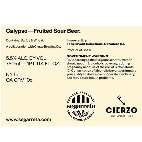 Segaretta Calypso Fruited Sour Beer by Tesa Bryant Selections, beer label