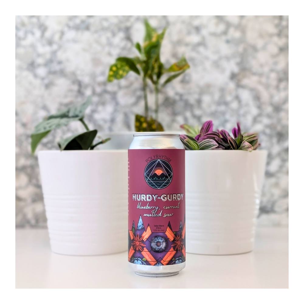 Hurdy-Gurdy Blackcurrant, Blueberry Mulled Sour by Polyrhythm Brewing, beer label