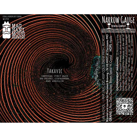 Narrow Gauge Takavic Imperial Stout by Florissant Brewing, beer label