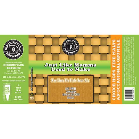 Disgruntled Just Like Momma Used to Make Key Lime Pie Style Sour Ale by Disgruntled Brewing, beer label