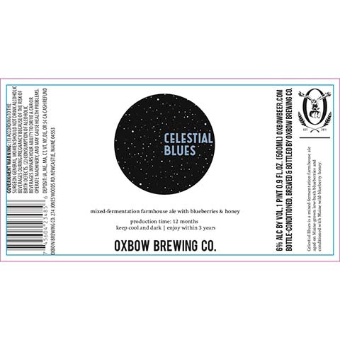 Oxbow Celestial Blues Sour by Oxbow Brewing Co, beer label
