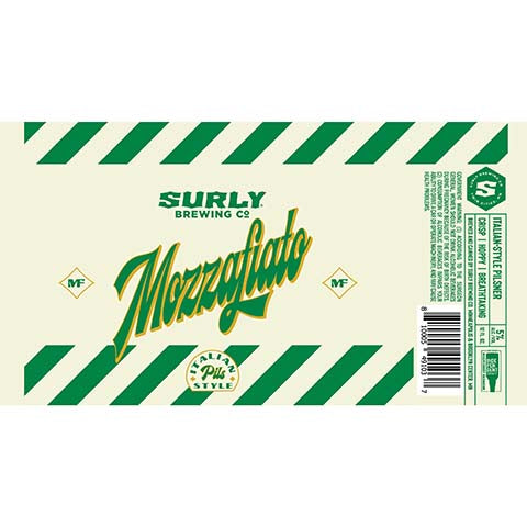 Surly Mozzafiato Italian Pilsner by Surly Brewing Company, beer label