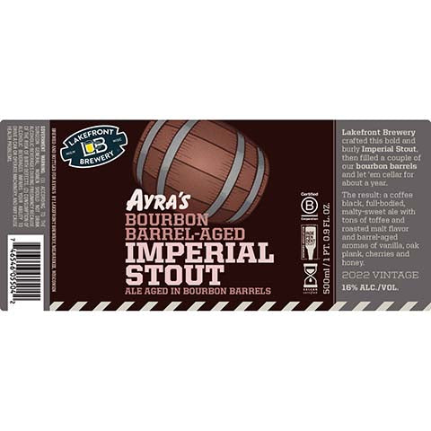 Lakefront Ayra's Bourbon Barrel-Aged Imperial Stout by Lakefront Brewery Inc, beer label