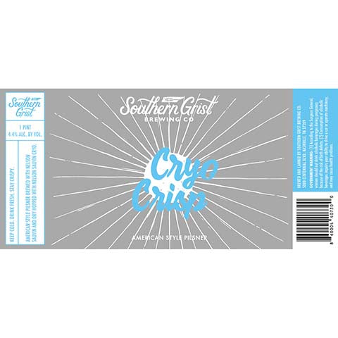 Southern Grist Cryo Crisp Pilsner by Southern Grist Brewing Company, beer label