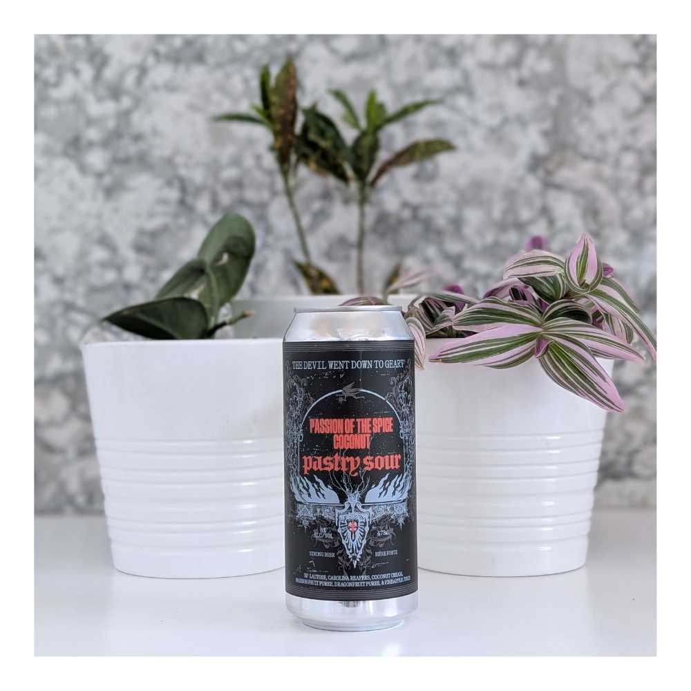 The Devil Went Down to Geary Passion of the Spice Coconut Pastry Sour by Blood Brothers Brewing, beer label