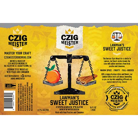 Czig Meister Lawman's Sweet Justice Hefeweizen Ale by Czig Meister Brewing Co., beer label