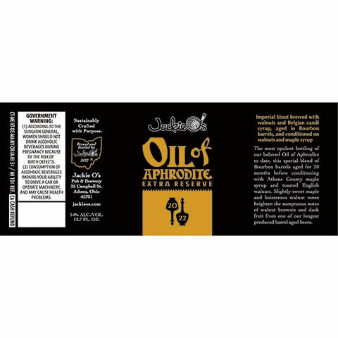 Jackie O's Oil Of Aphrodite Extra Reserve Imperial Stout by Jackie O's Pub & Brewery, beer label